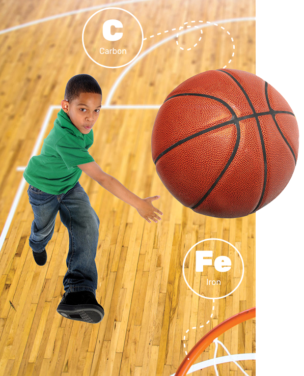 Image of a child throwing a basketball towards the hoop. Carbon is used in basketballs and iron in the rims of basketball nets.