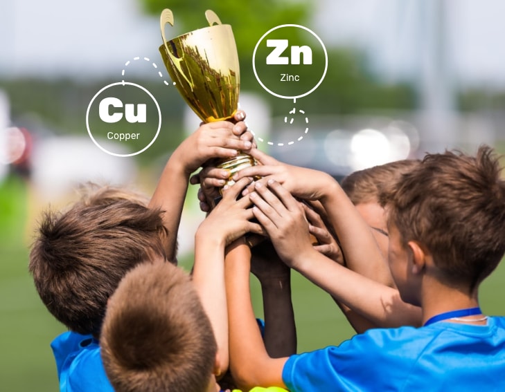 Image of a children’s soccer team lifting a brass trophy. Copper and zinc are used to create brass trophies.