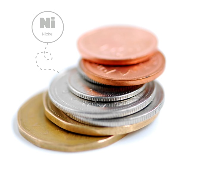 Image of a stack of Canadian coins. Nickel is used to mint nickel coins.