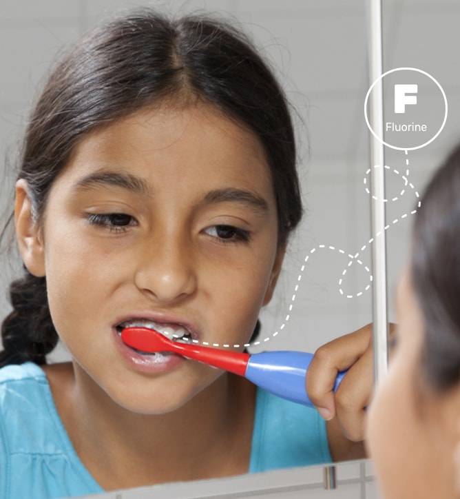 Image of a child’s reflection in a mirror while she is brushing her teeth. Fluorine is used in toothpaste to keep our teeth healthy.