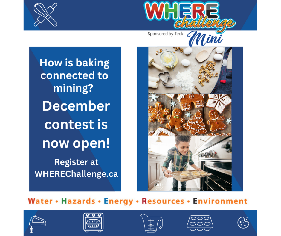 Logo with the text 'WHERE Challenge Mini' is displayed prominently. Below the logo is a smaller text that acknowledges the challenge sponsor, 'Teck Resources Limited.' Images shows various holiday cookies, baking ingredients, and an electric mixer. The overlaid text on the image asks the question "What minerals are used to bake your favourite holiday treats? and extends an invitation to the reader to take part in the November challenge by visiting the website WHEREChallenge.ca. At the bottom of the image, the words 'water,' 'hazards,' 'energy,' 'resources,' and 'environment' are neatly displayed. These words represent the acronym 'WHERE' and symbolize the diverse areas where Earth scientists work.